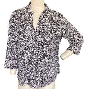 Chico's No Iron 100% Cotton Button-Up Top Sz 2 L/12 Black & White 142P